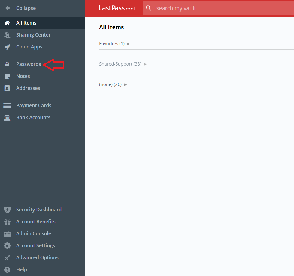 Red arrow pointing towards Passwords to prompt the user to click passwords.