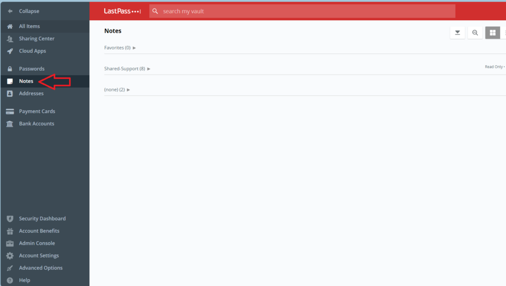 LastPass Vault showing Notes being pointed to with a Red Arrow.