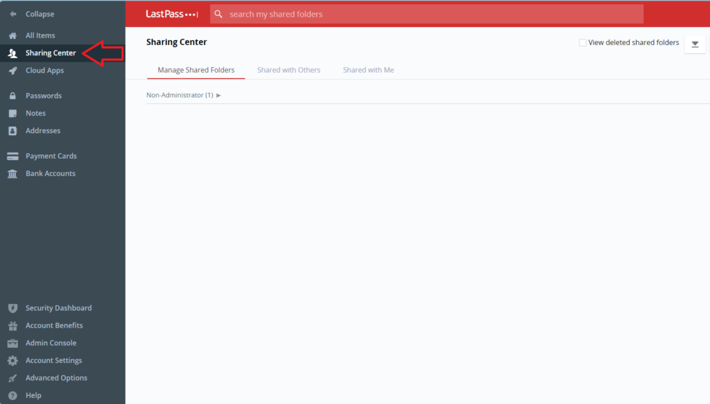 LastPass Vault showing the sharing center, there is a red arrow pointing to the directory named 