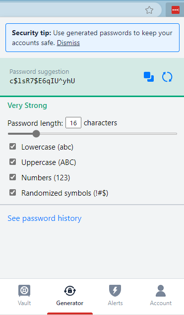 The Password Generator for LastPass displays the password generated, and you can choose length of the password and what it contains, Lowercase, Uppercase, Numbers, Randomized symbols. There is also 