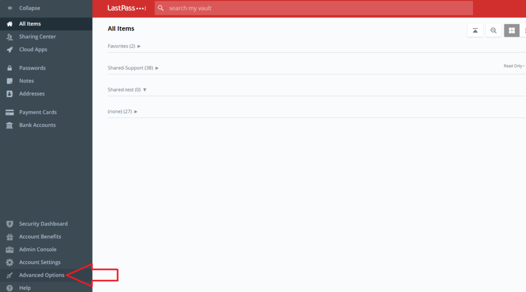 LastPass Vault there is a red arrow pointing to