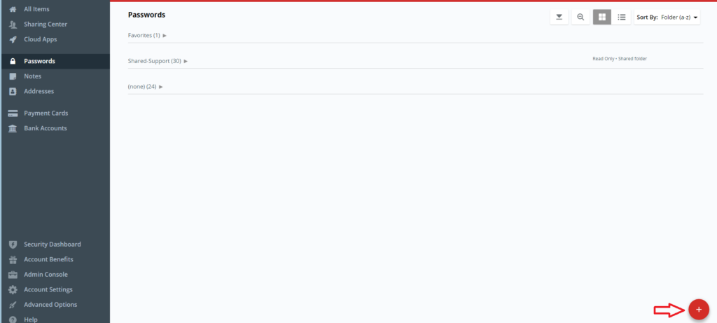 Red arrow prompting the user to click the plus sign in the bottom right-hand corner on the LastPass vault screen.