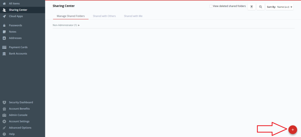 Sharing Center for LastPass showing how to create a new shared folder, in the bottom right corner there is a red arrow pointing to the plus sign to create the folder.