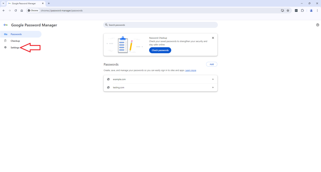 Google Password Manager for google settings, with a red arrow pointing to a deeper setting.