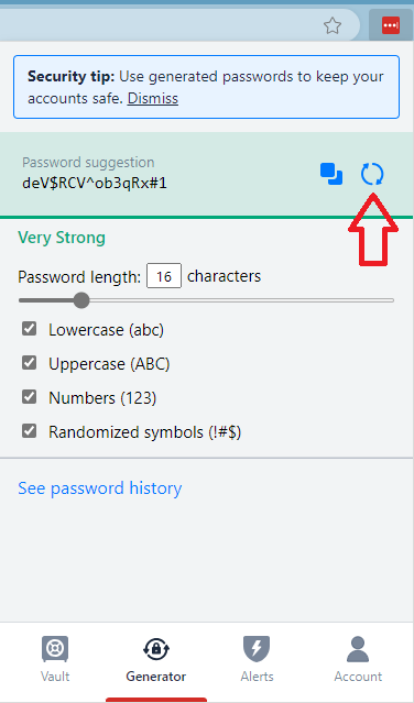 Red arrow in the LastPass password generator pointing to button to randomize the password.