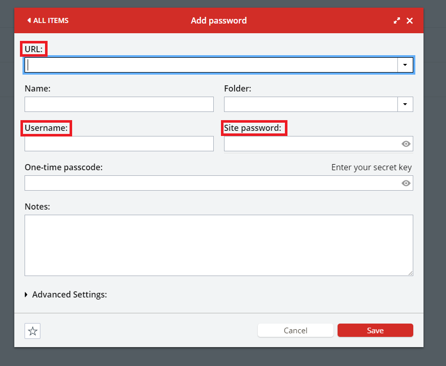 Red squares highlighting URL. Username, and Password. Inside of the LastPass Password create menu.