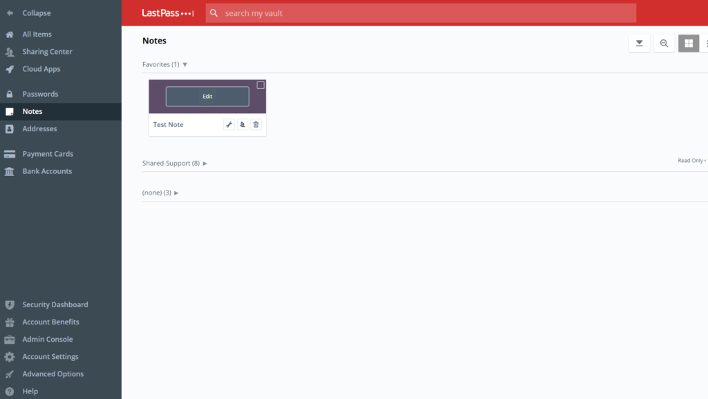 Creating a Note and it propagating inside the LastPass vault called
