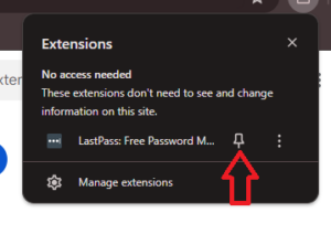 Pinning the LastPass extension by clicking the pin button.