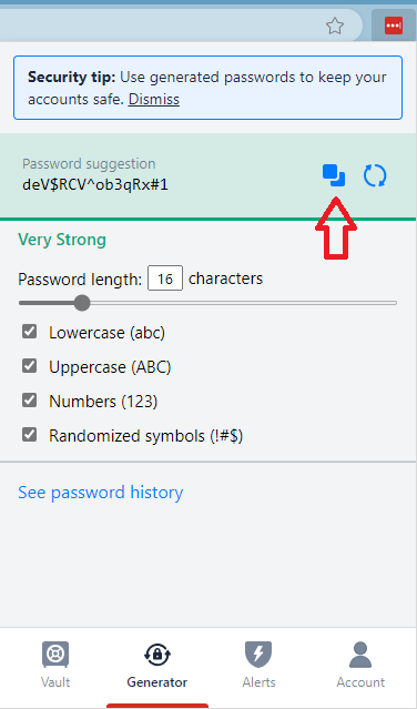 Inside LastPass Generator there is a red arrow pointing to 