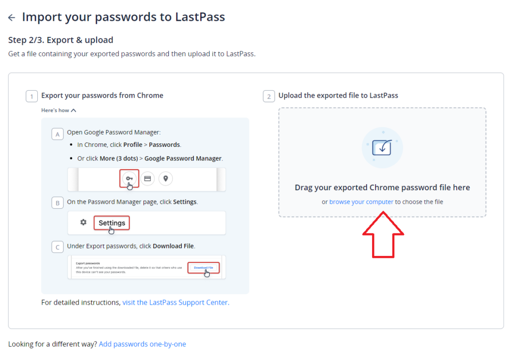 Second step of importing passwords to LastPass, a file upload box is shown, along with instructions for how to originally export your passwords from a Brower.