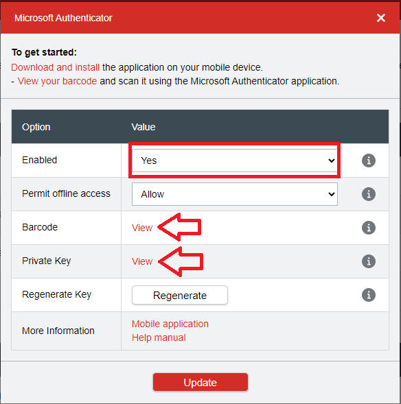 LastPass Microsoft Authenticator Setup. There is text containing download and install instructions. Also stating to scan the barcode using the Authenticator app. The options listed for MFA; Enabled. Permit offline access, Barcode, Private key, regenerative key, and more information.