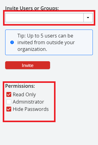 There is a white box that says invite users or groups. There is an also a box to control the permissions for the users invited.