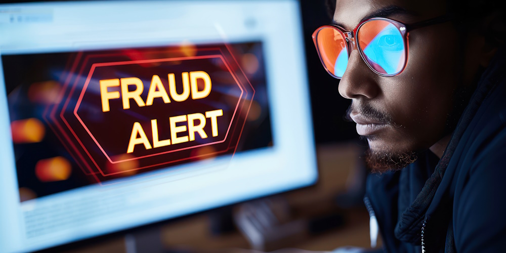 An image of a man sitting in front of a computer that has a fraud alert warning on it.