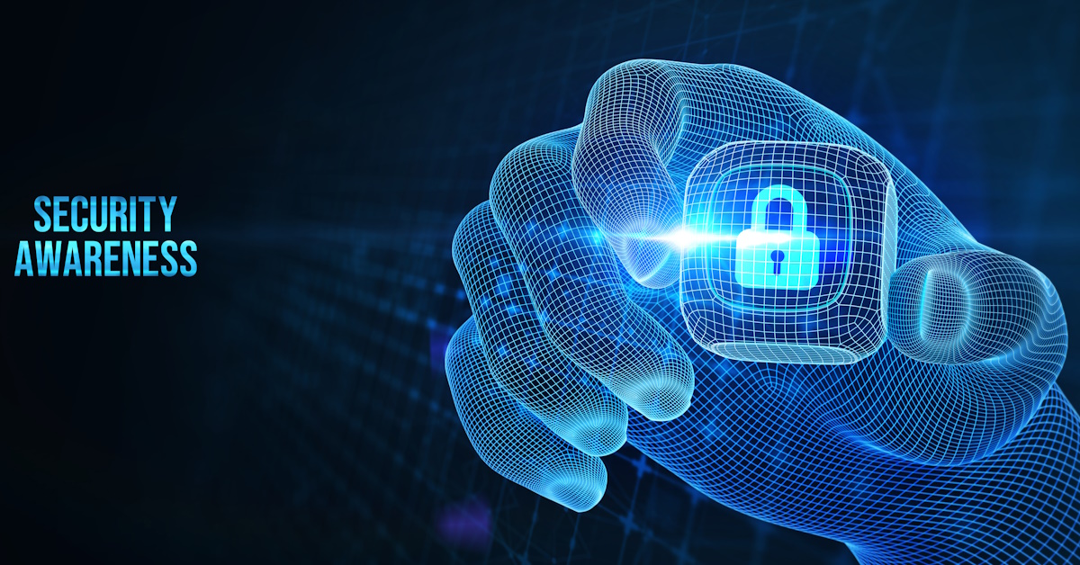 An image of a digital hand holding a lock next to the words "security awareness."
