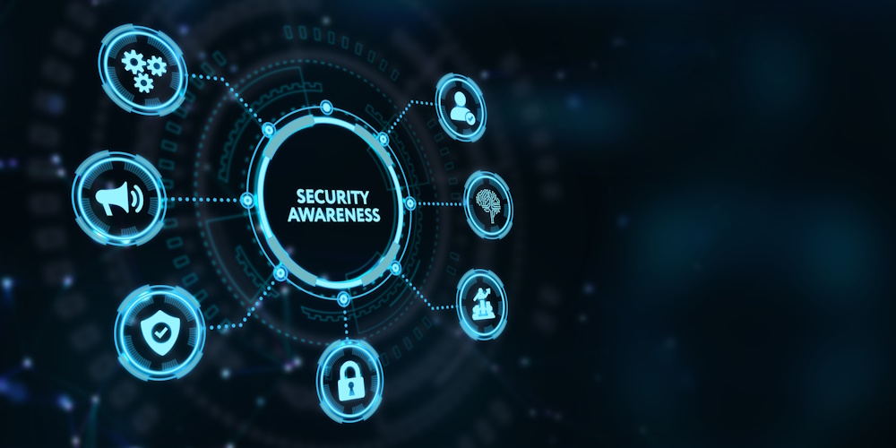 An image showing different icons branching off of a central location representing different aspects of security awareness.