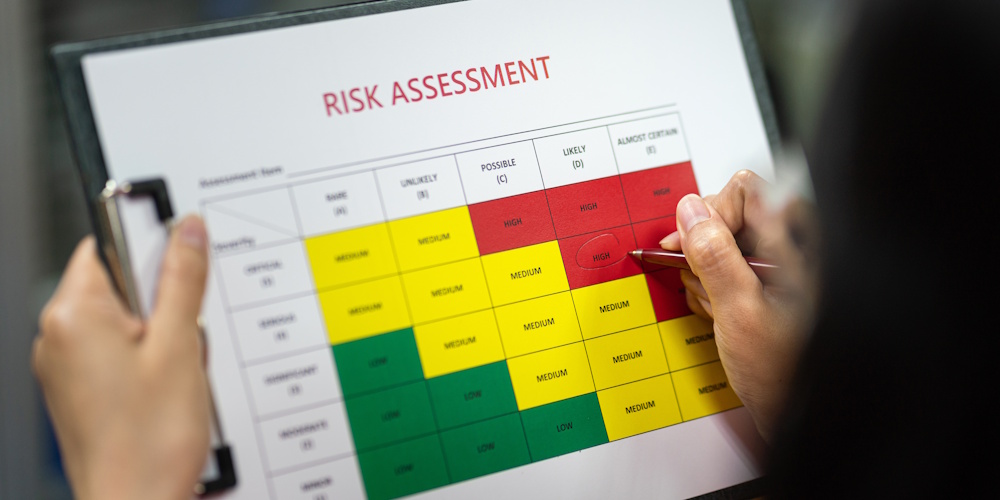 An image of an auditor marking risk level's on a risk assessment sheet.