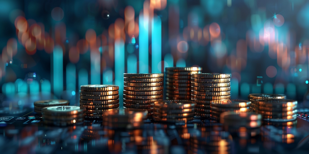 Multiple stacks of coins, with blue data graph looking bars behind them.