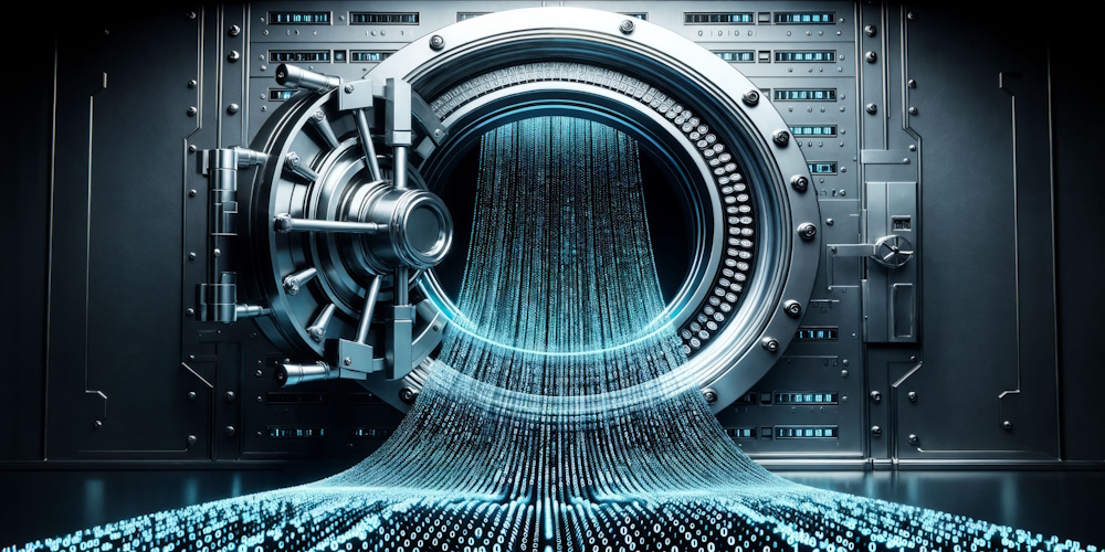 An open bank vault door with streams of 0's representing data pouring out.