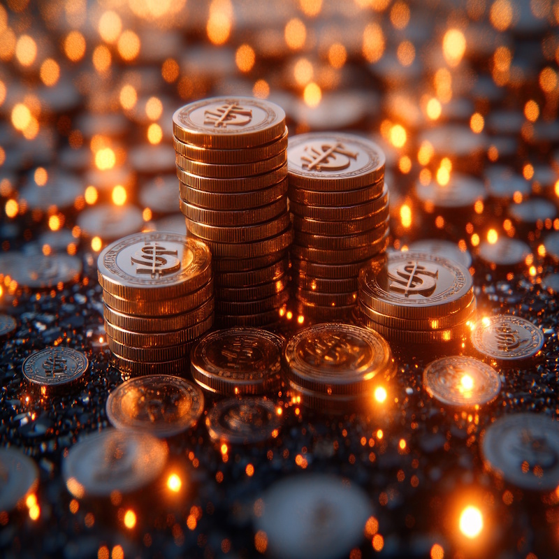 Stacks of golden coins surrounded by burning ash background.