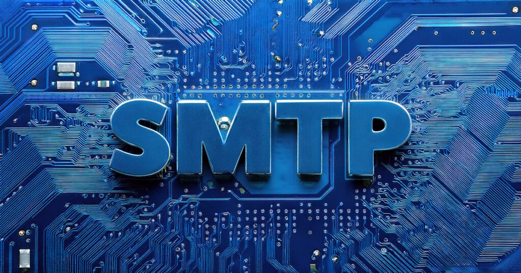 The word "SMTP" on a blue background that resembles a motherboard.