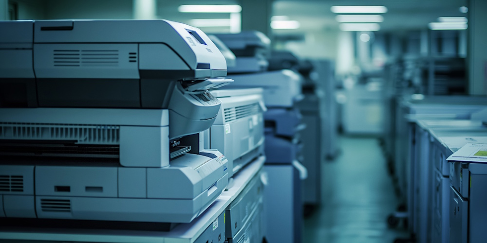 There is a printer in the image, it is grey and there is walkway showing more counters with more office equipment along the way.