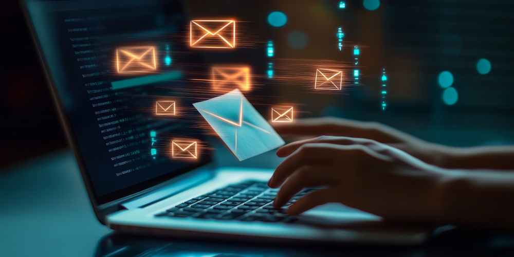 Orange emails are flying out of the computer, there is a single larger blue email next to hands that are typing on a keyboard.