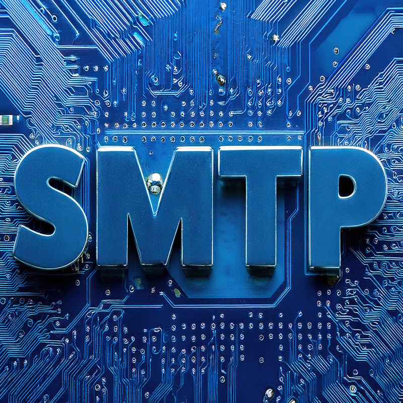 The word "SMTP" on a blue background that resembles a motherboard.