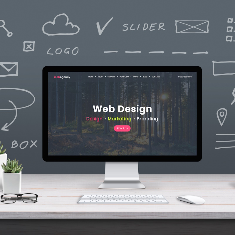 An image of a PC that reads web design and is surrounded by different aspects of web design written on a chalk board