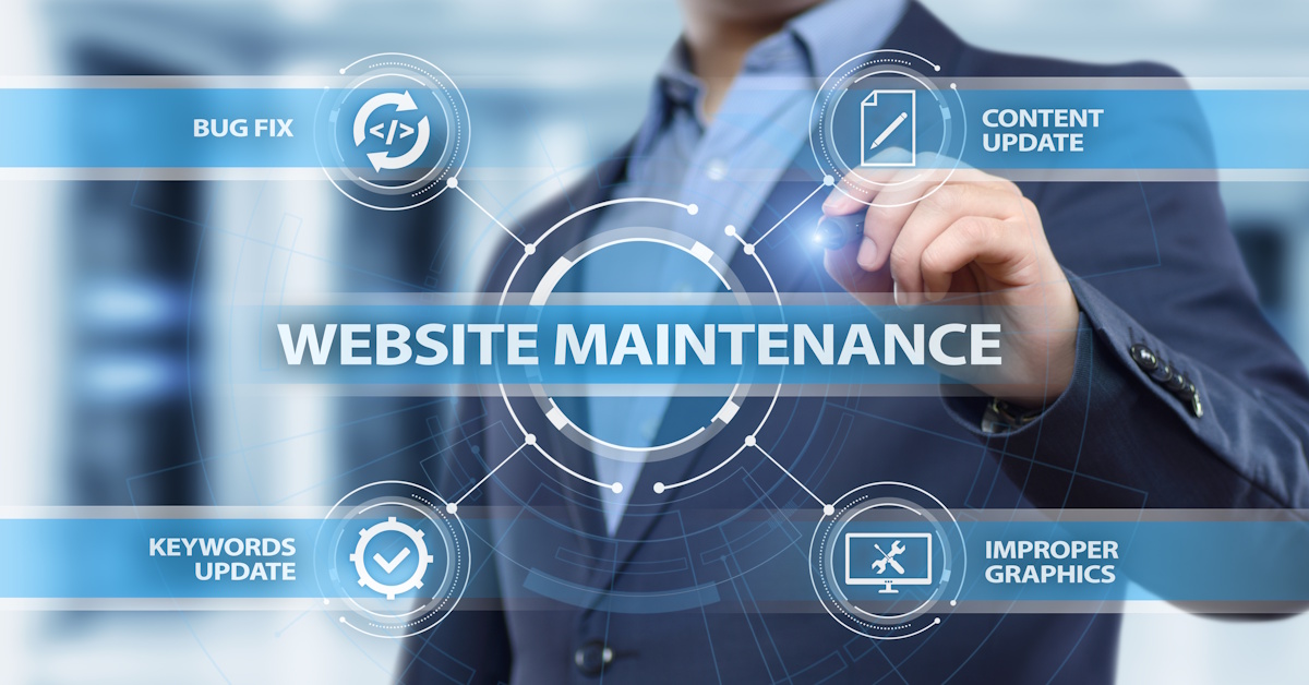 An image displaying a hologram that reads website maintenance, and 4 key points related to it. Bug fix, content update, keywords update, and improper graphics.