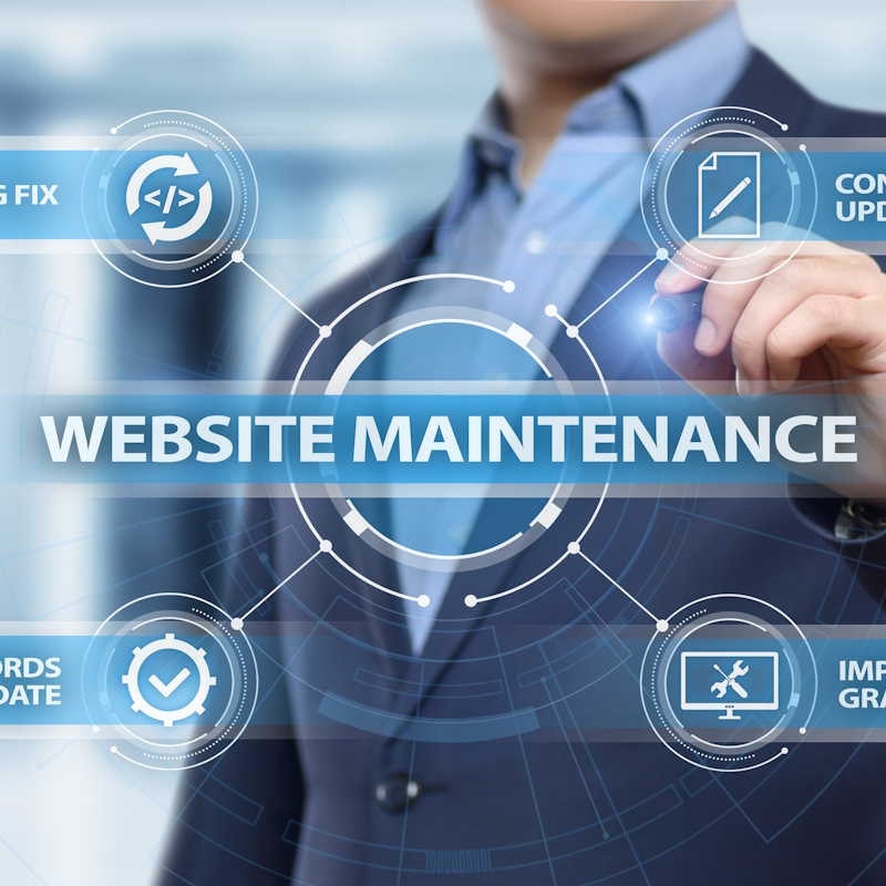 An image displaying a hologram that reads website maintenance, and 4 key points related to it. Bug fix, content update, keywords update, and improper graphics.