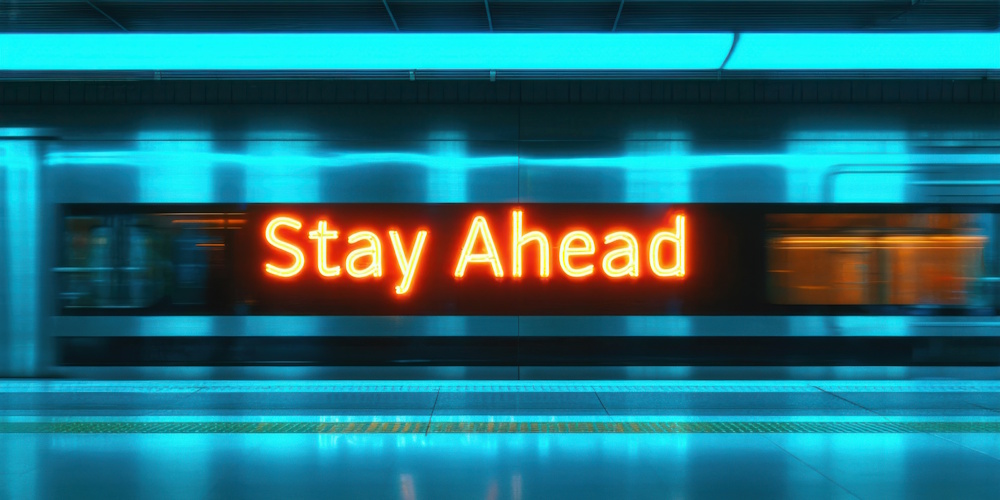 An image of a subway tunnel with a banner that reads stay ahead.