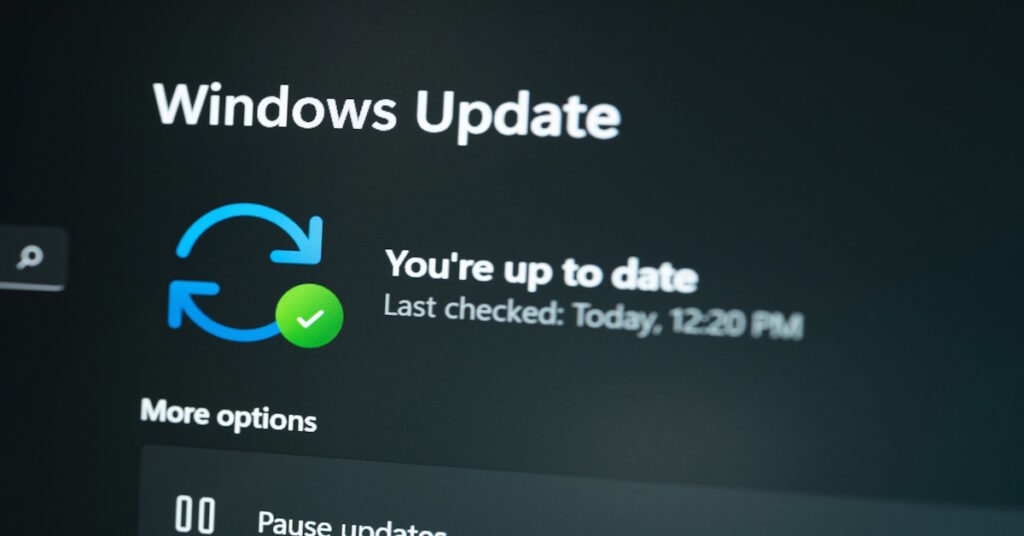 Windows Update Screen, showing a "You're up to date" text. Underneath that it says, "Last Checked: Today, 12:20 PM.
