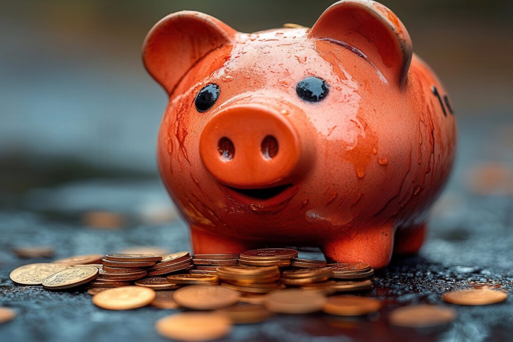 Piggy Bank wit money around it.