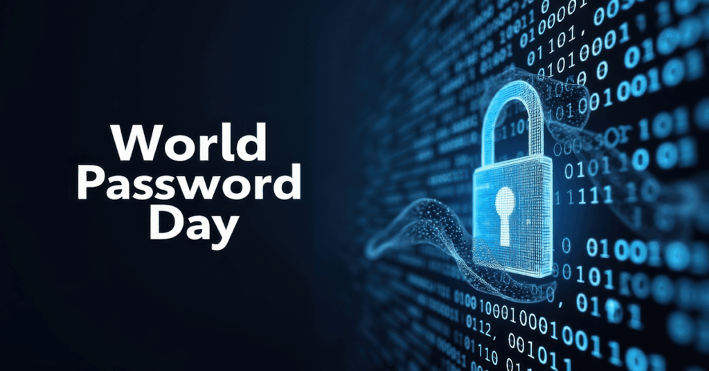 World Password Day text on the left. On the right there is a blue lock, and it is Infront of numbers that resemble as code.