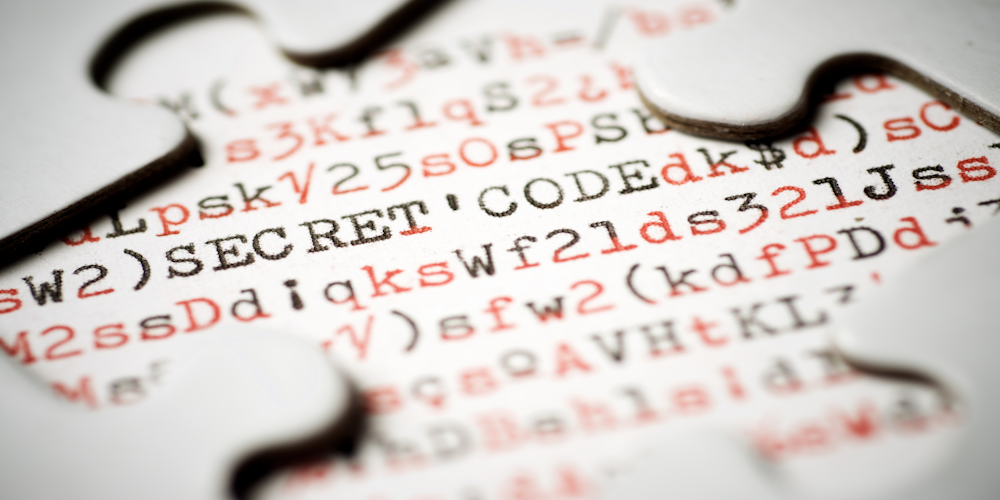 Puzzle piece with many jumbled letters and numbers inside of it. The most unblurry section reads " SECRET'CODE. These letters are black and red. The puzzle piece is white.