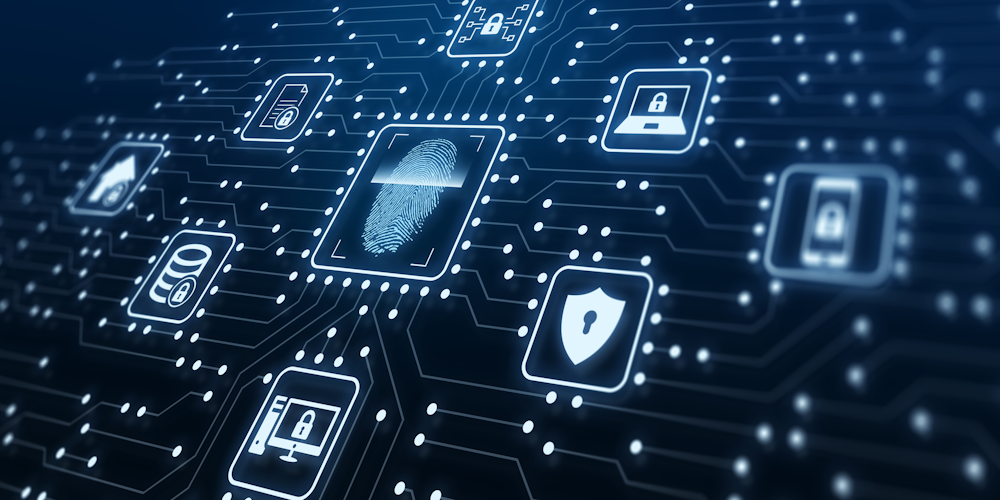 Biometric scanner process. There is a fingerprint being scanned around more icons, they show laptops, computers, shields, documents, databases, phones, a house, and a lock.