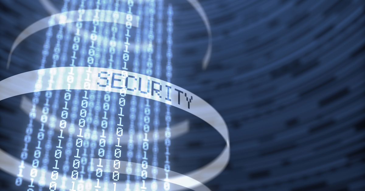An image of binary code falling like a waterfall wrapped in white trims, one of which reads "security"