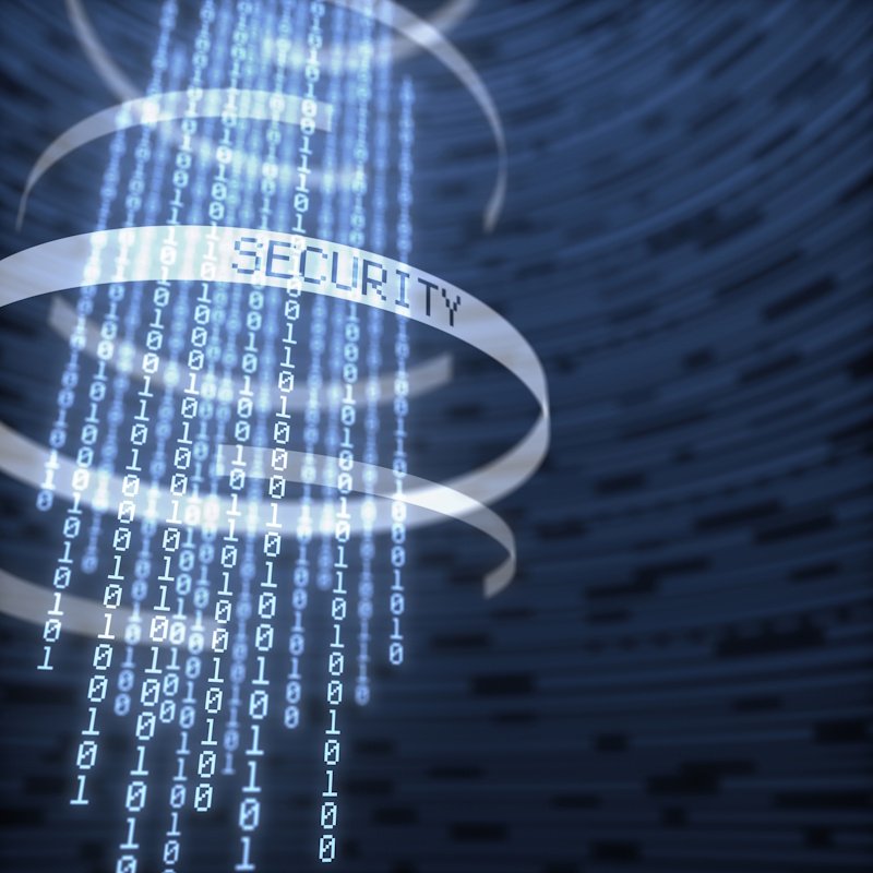 An image of binary code falling like a waterfall wrapped in white trims, one of which reads "security"