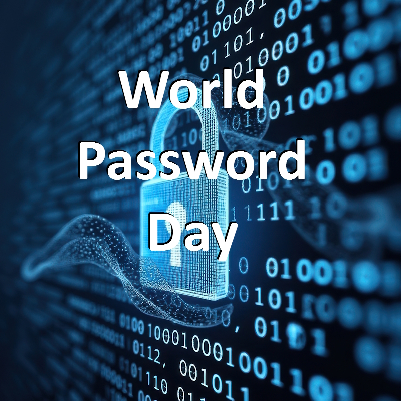 World Password Day text on the left. On the right there is a blue lock, and it is Infront of numbers that resemble as code.