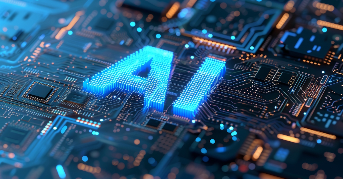 Glowing blue "AI" letters on a futuristic computer circuit board representing artificial intelligence technology.