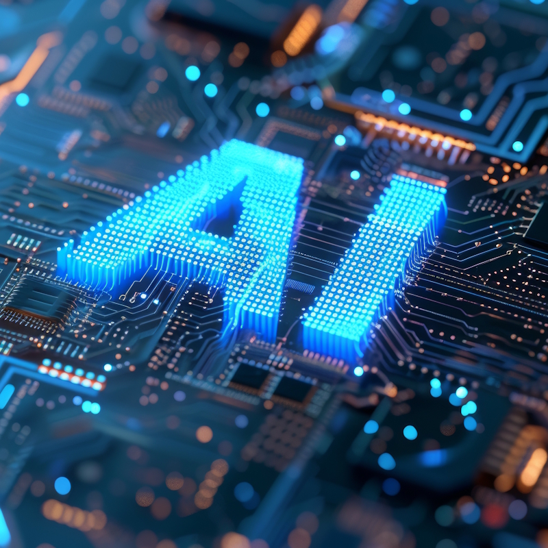 Glowing blue "AI" letters on a futuristic computer circuit board representing artificial intelligence technology.