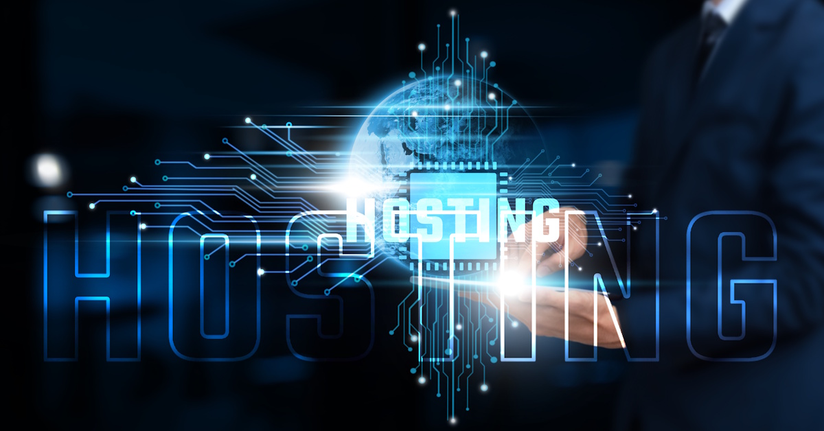 An image of the earth in the background, a person on a tablet, and the word hosting in the foreground.