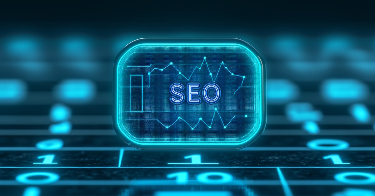 An image of a small computer screen that reads SEO.