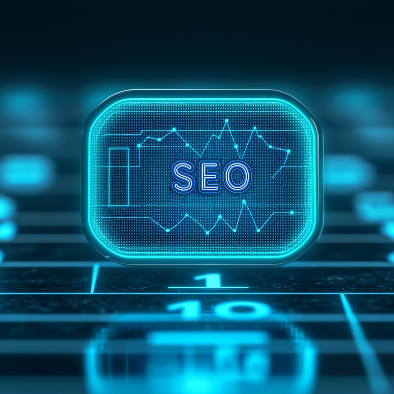An image of a small computer screen that reads SEO.