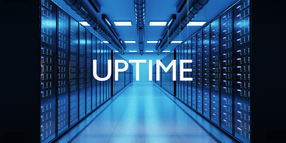 An image of a server room with the word uptime in the foreground.