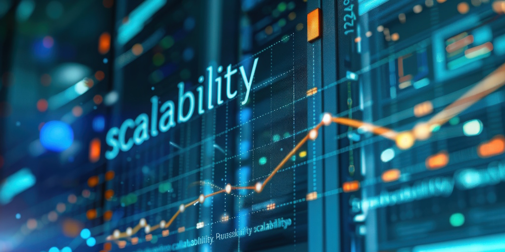 An up-close image of server racks with the word scalability on them.