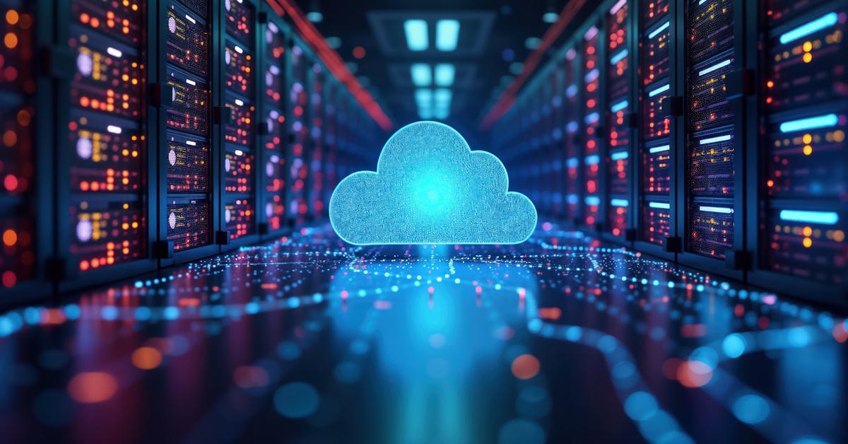 An image of a server room connecting to a cloud.
