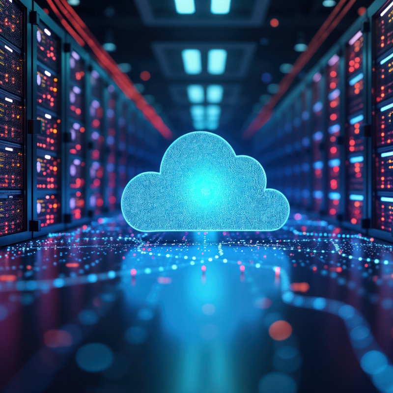 An image of a server room connecting to a cloud.