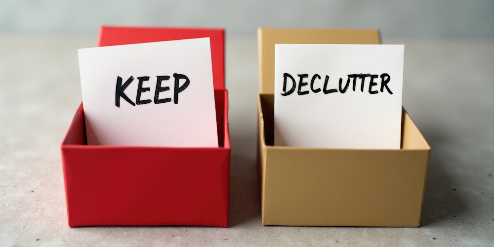 An image of two small boxes with a note card inside. One reads "keep", the other reads "declutter."