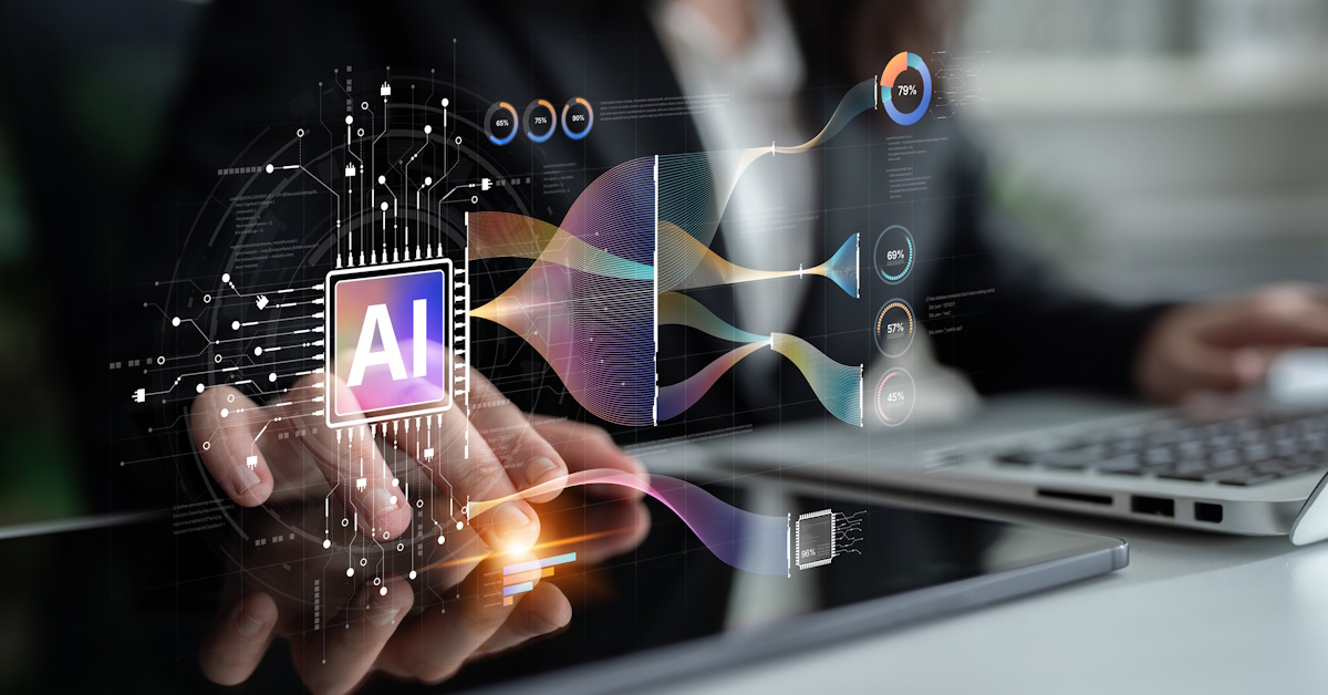 An image of a holographic image of an AI chip showing different metrics.